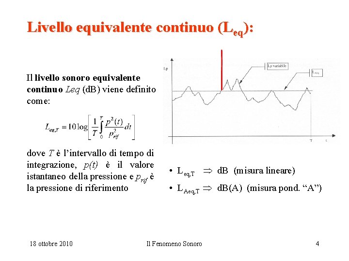 Livello equivalente continuo (Leq): Il livello sonoro equivalente continuo Leq (d. B) viene definito