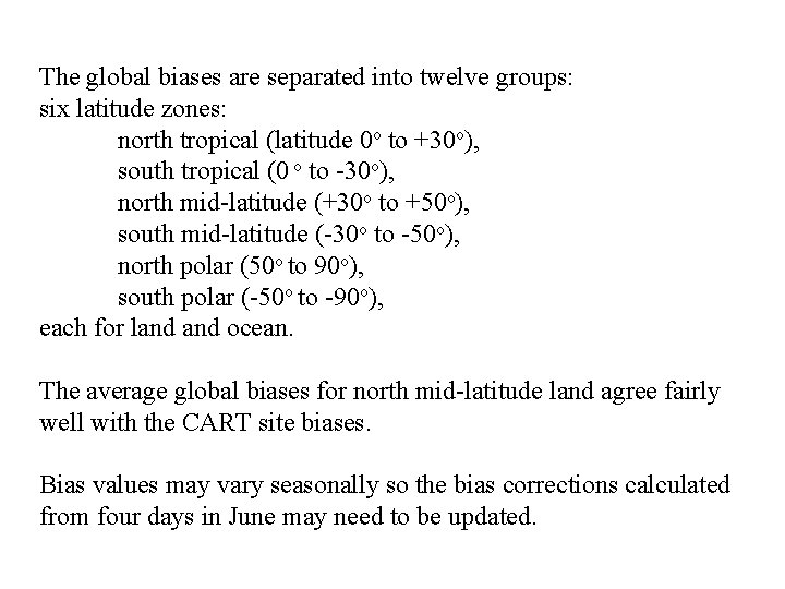 The global biases are separated into twelve groups: six latitude zones: north tropical (latitude