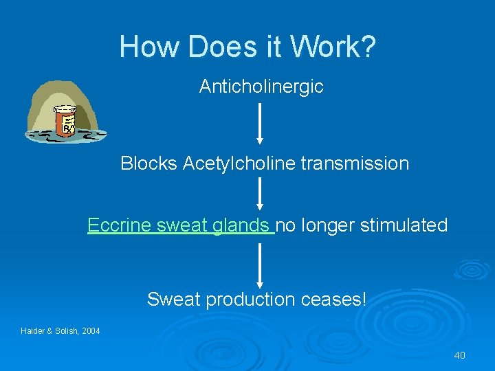 How Does it Work? Anticholinergic Blocks Acetylcholine transmission Eccrine sweat glands no longer stimulated