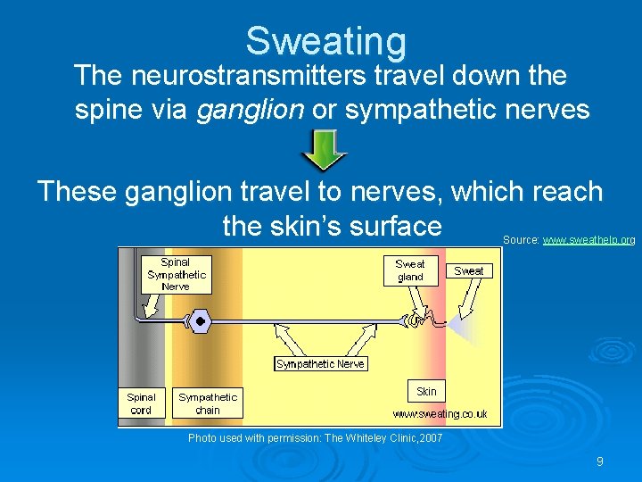 Sweating The neurostransmitters travel down the spine via ganglion or sympathetic nerves These ganglion