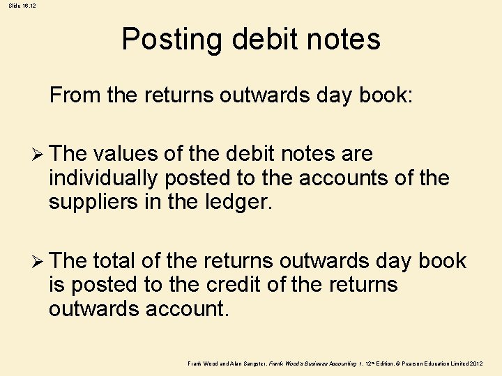 Slide 16. 12 Posting debit notes From the returns outwards day book: Ø The