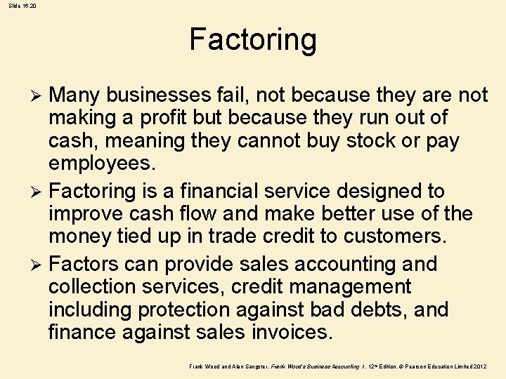 Slide 16. 20 Factoring Many businesses fail, not because they are not making a