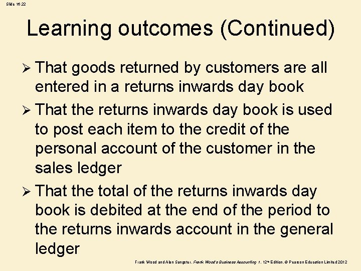 Slide 16. 22 Learning outcomes (Continued) Ø That goods returned by customers are all