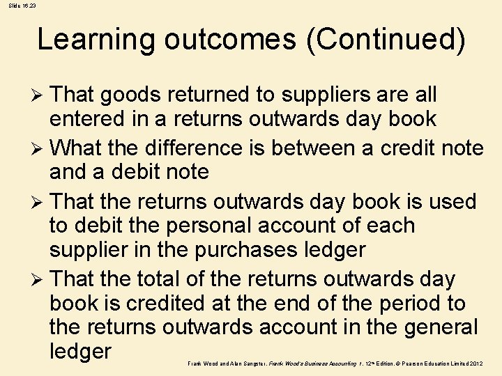 Slide 16. 23 Learning outcomes (Continued) That goods returned to suppliers are all entered