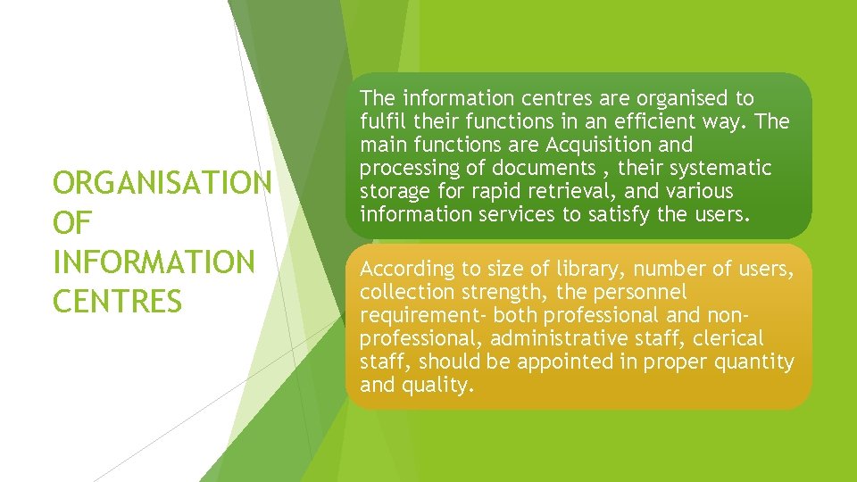 ORGANISATION OF INFORMATION CENTRES The information centres are organised to fulfil their functions in ORGANISATION OF INFORMATION CENTRES The information centres are organised to fulfil their functions in