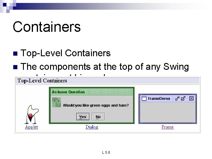 Containers Top-Level Containers n The components at the top of any Swing containment hierarchy Containers Top-Level Containers n The components at the top of any Swing containment hierarchy