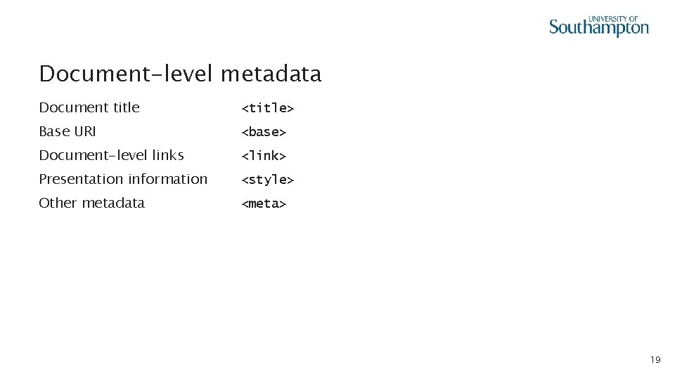 Document-level metadata Document title <title> Base URI <base> Document-level links <link> Presentation information <style>