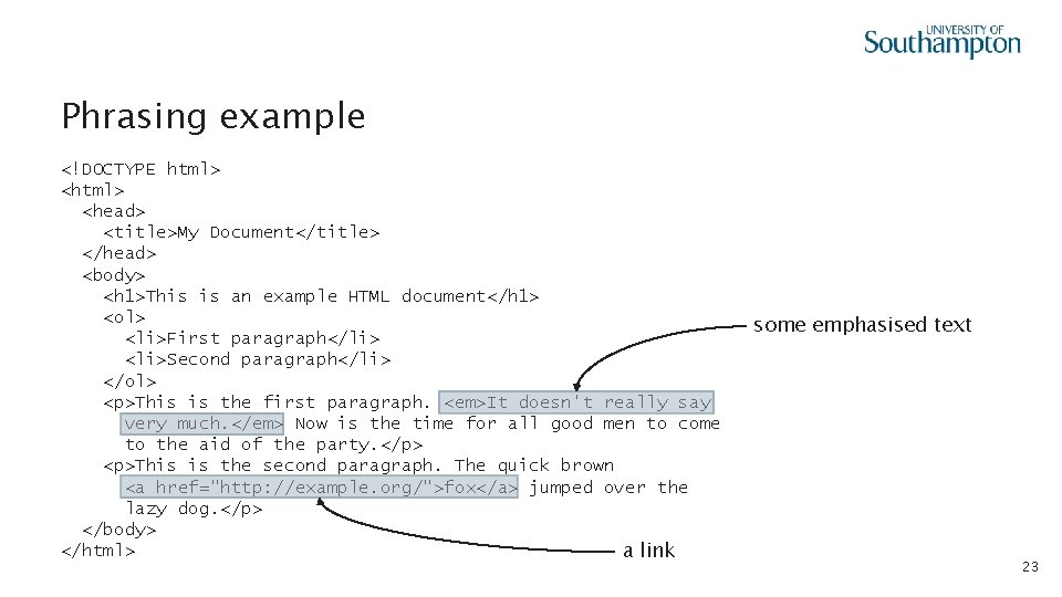 Phrasing example <!DOCTYPE html> <head> <title>My Document</title> </head> <body> <h 1>This is an example
