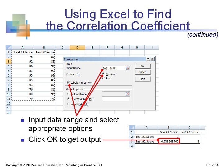 Using Excel to Find the Correlation Coefficient (continued) n n Input data range and