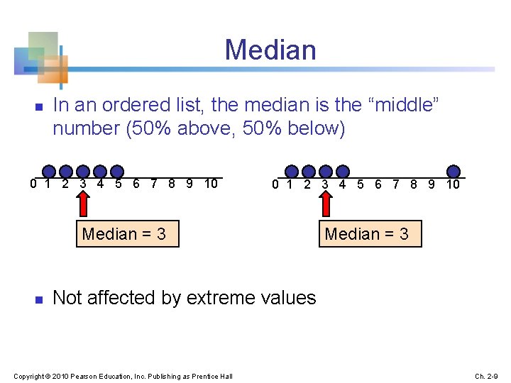 Median n In an ordered list, the median is the “middle” number (50% above,