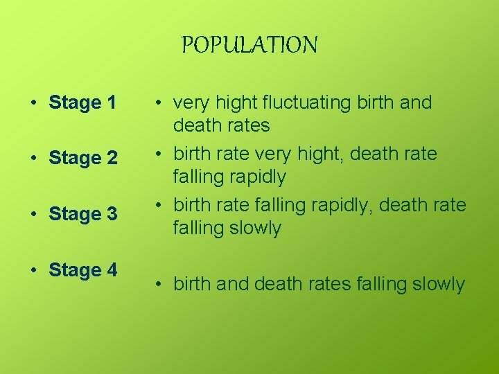 POPULATION • Stage 1 • Stage 2 • Stage 3 • Stage 4 •