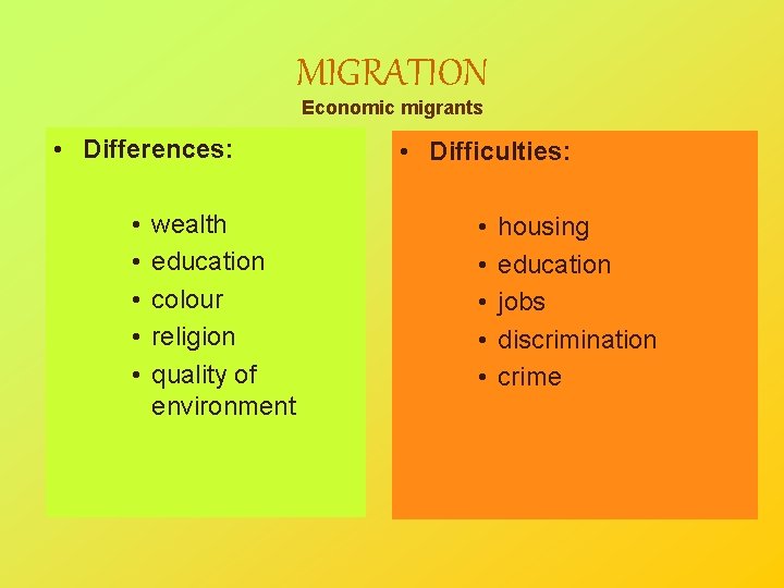 MIGRATION Economic migrants • Differences: • Difficulties: • • • wealth education colour religion