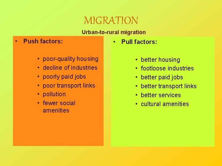 MIGRATION Urban-to-rural migration • Push factors: • Pull factors: • • • poor-quality housing