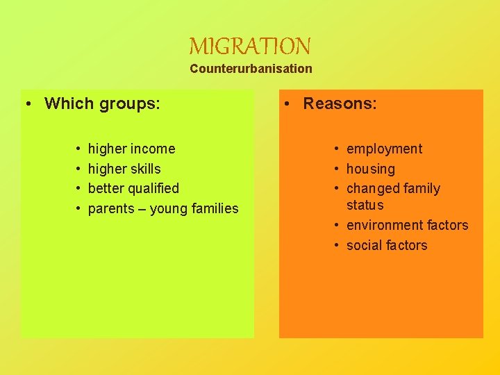 MIGRATION Counterurbanisation • Which groups: • • higher income higher skills better qualified parents