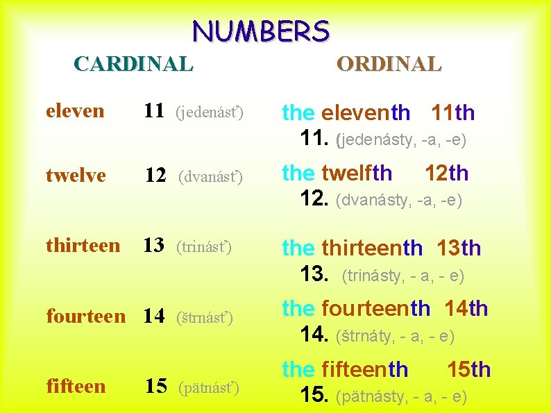 NUMBERS CARDINAL ORDINAL eleven 11 (jedenásť) the eleventh 11. (jedenásty, -a, -e) twelve 12