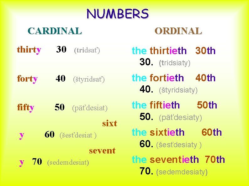 NUMBERS CARDINAL ORDINAL thirty 30 (tridsať) the thirtieth 30. (tridsiaty) forty 40 (štyridsať) the