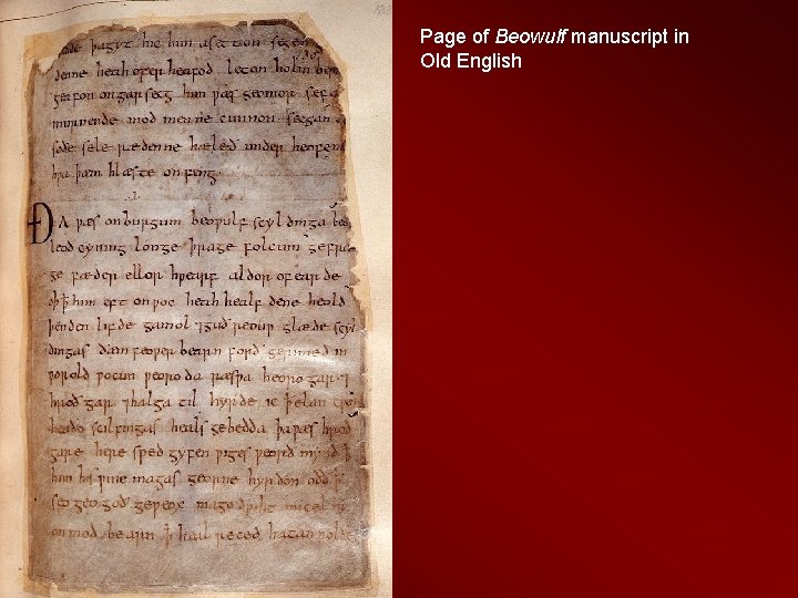 Page of Beowulf manuscript in Old English 