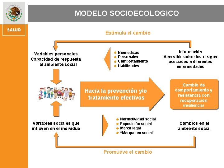 MODELO SOCIOECOLOGICO Estimula el cambio Variables personales Capacidad de respuesta al ambiente social Biomédicas