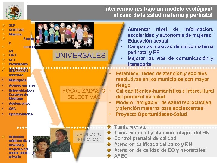 Intervenciones bajo un modelo ecológico/ el caso de la salud materna y perinatal •