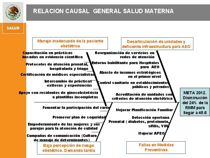 RELACION CAUSAL GENERAL SALUD MATERNA Manejo inadecuado de la paciente obstétrica Capacitación en prácticas