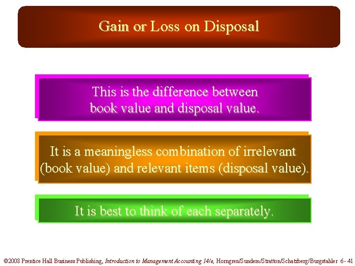 Gain or Loss on Disposal This is the difference between book value and disposal