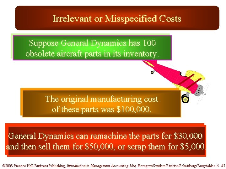 Irrelevant or Misspecified Costs Suppose General Dynamics has 100 obsolete aircraft parts in its