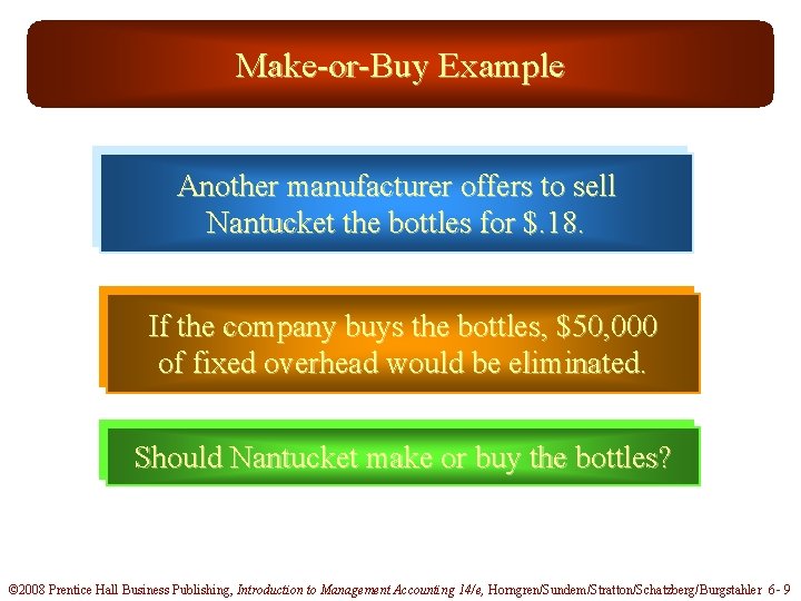 Make-or-Buy Example Another manufacturer offers to sell Nantucket the bottles for $. 18. If