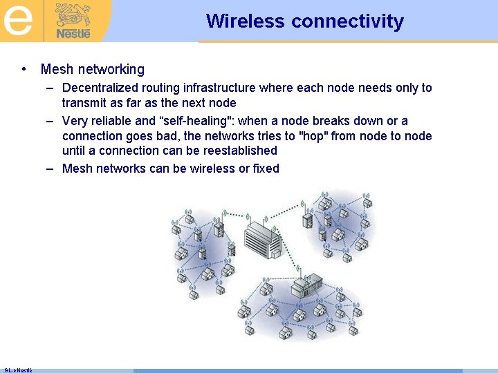 Wireless connectivity • Mesh networking – Decentralized routing infrastructure where each node needs only