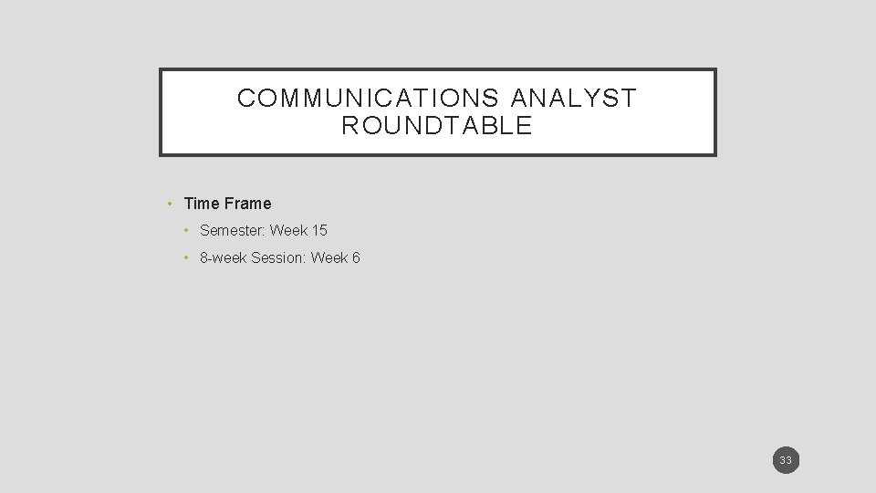 COMMUNICATIONS ANALYST ROUNDTABLE • Time Frame • Semester: Week 15 • 8 -week Session: