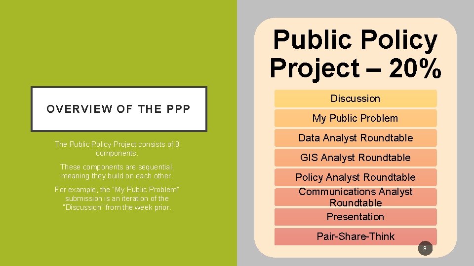 Public Policy Project – 20% OVERVIEW OF THE PPP The Public Policy Project consists