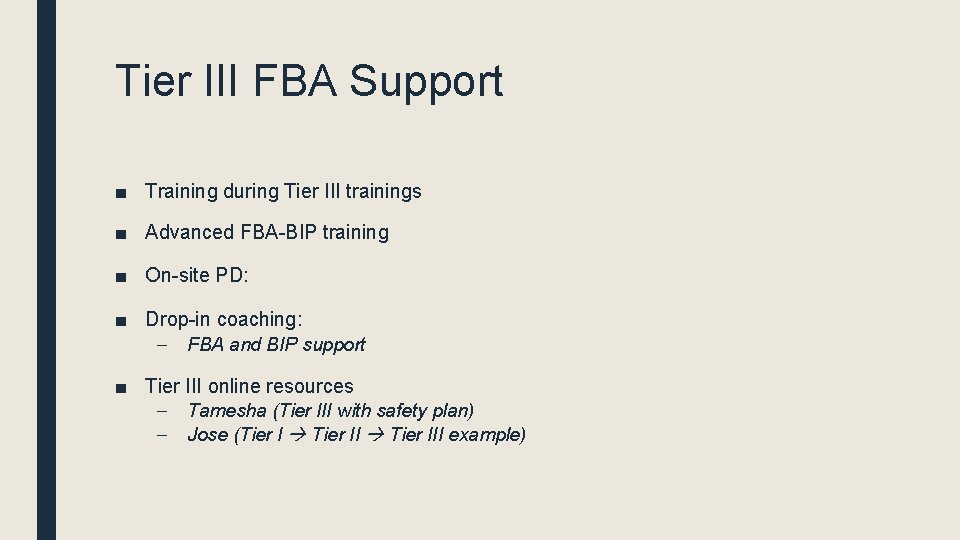 Tier III FBA Support ■ Training during Tier III trainings ■ Advanced FBA-BIP training Tier III FBA Support ■ Training during Tier III trainings ■ Advanced FBA-BIP training