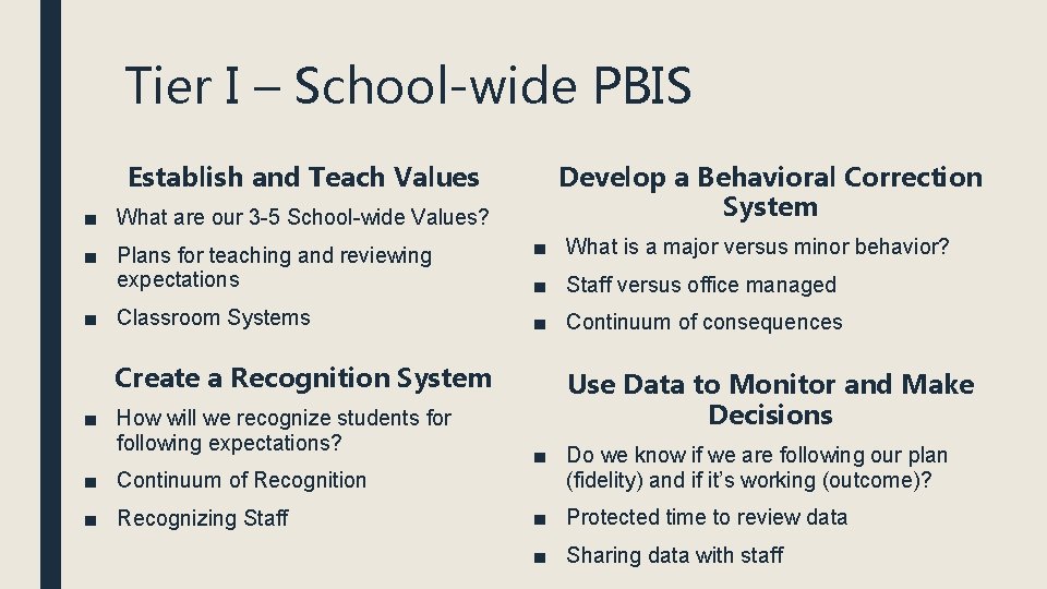 Tier I – School-wide PBIS Establish and Teach Values ■ What are our 3 Tier I – School-wide PBIS Establish and Teach Values ■ What are our 3