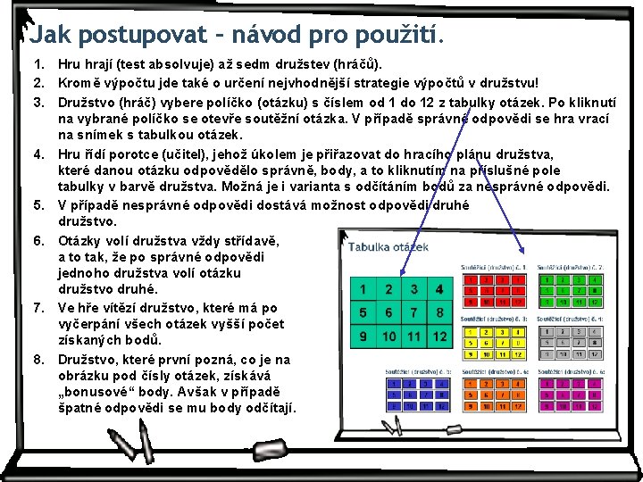 Jak postupovat – návod pro použití. 1. Hru hrají (test absolvuje) až sedm družstev