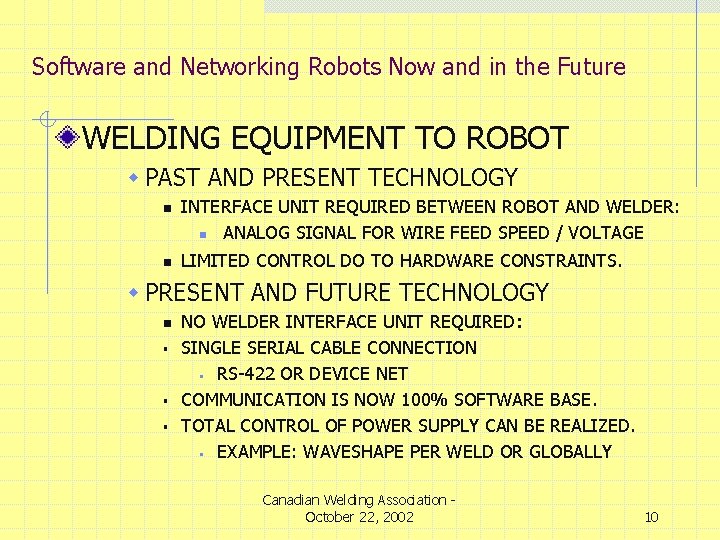 Software and Networking Robots Now and in the Future WELDING EQUIPMENT TO ROBOT w