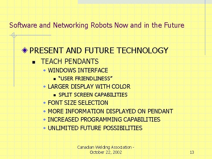Software and Networking Robots Now and in the Future PRESENT AND FUTURE TECHNOLOGY n