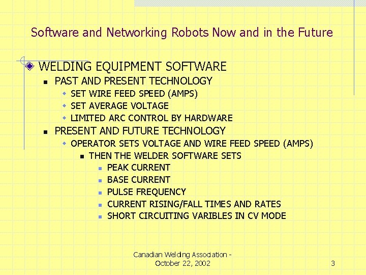 Software and Networking Robots Now and in the Future WELDING EQUIPMENT SOFTWARE n PAST