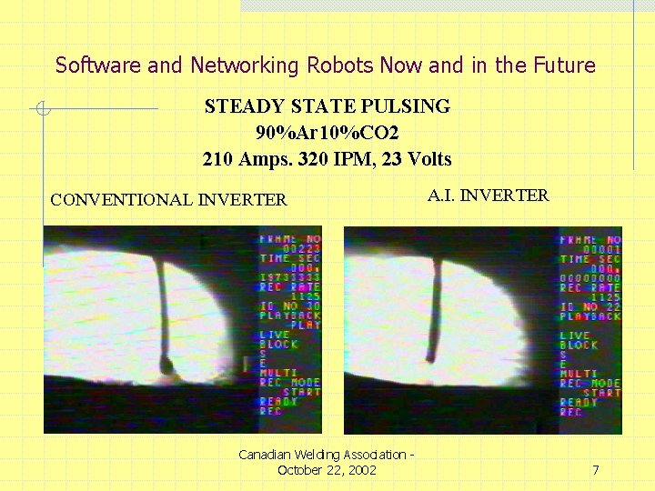 Software and Networking Robots Now and in the Future STEADY STATE PULSING 90%Ar 10%CO