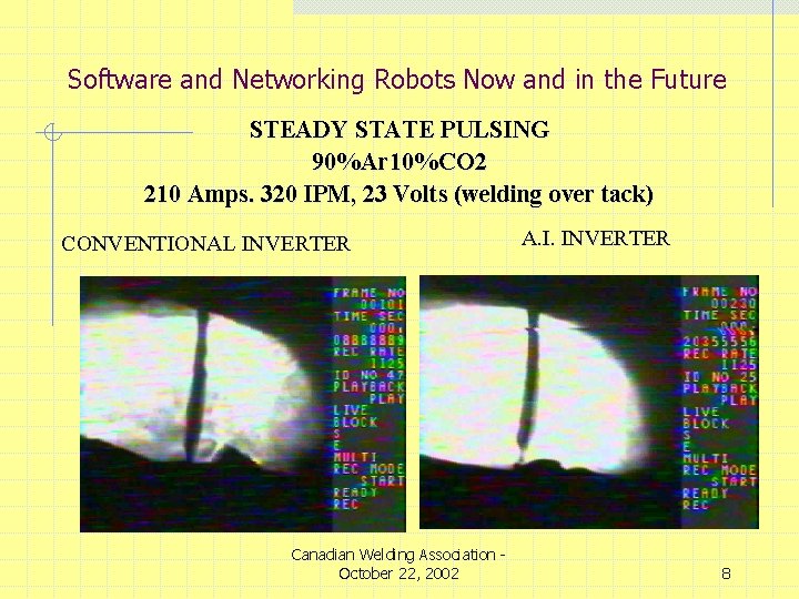 Software and Networking Robots Now and in the Future STEADY STATE PULSING 90%Ar 10%CO