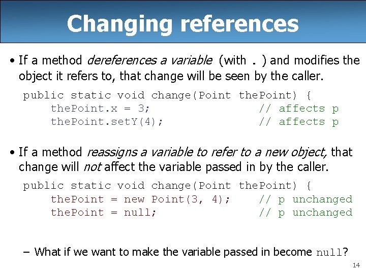 Changing references • If a method dereferences a variable (with. ) and modifies the