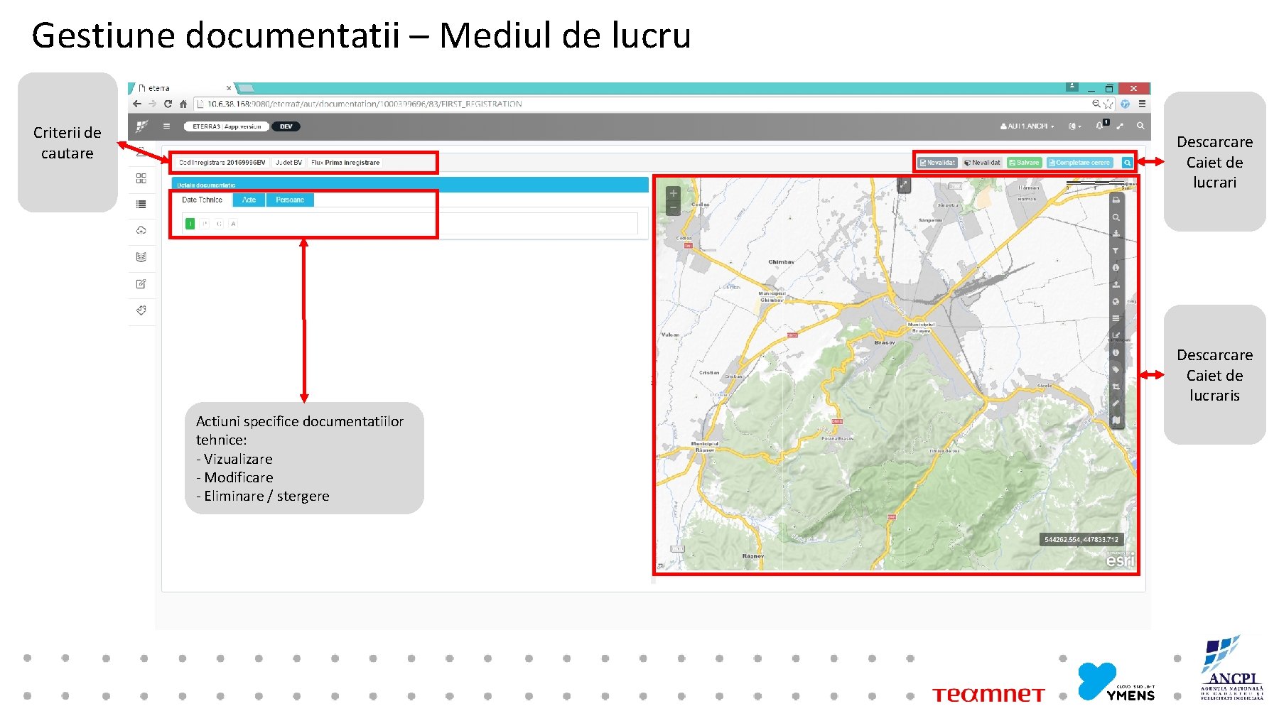 Gestiune documentatii – Mediul de lucru Criterii de cautare Descarcare Caiet de lucraris Actiuni