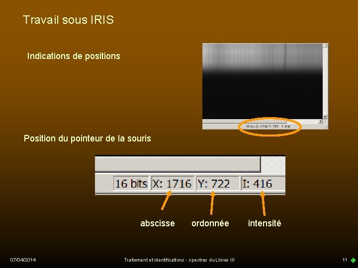 Travail sous IRIS Indications de positions Position du pointeur de la souris abscisse 07/04/2014