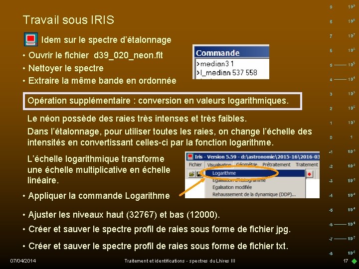 Travail sous IRIS Idem sur le spectre d’étalonnage • Ouvrir le fichier d 39_020_neon.