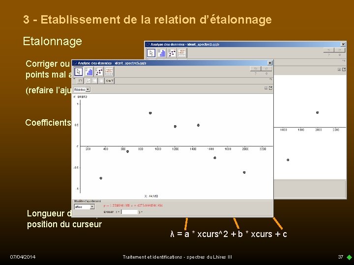 3 - Etablissement de la relation d’étalonnage Etalonnage Corriger ou éliminer les points mal