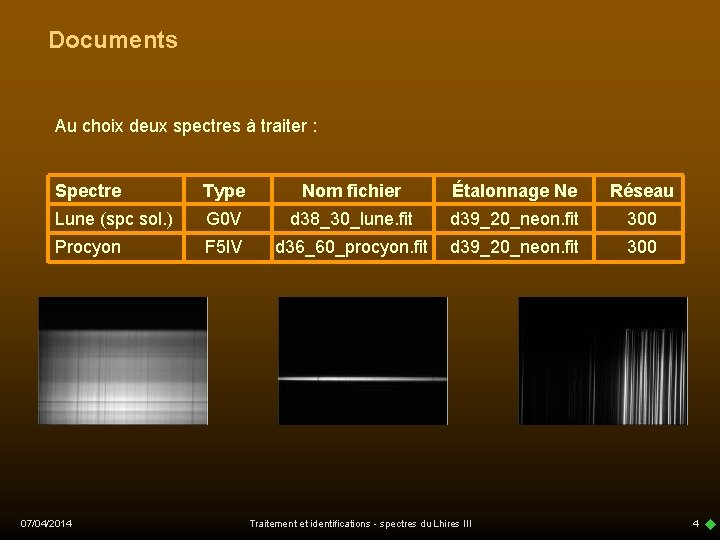 Documents Au choix deux spectres à traiter : Spectre Type Nom fichier Étalonnage Ne