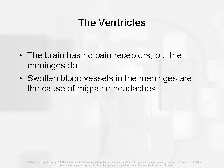 The Ventricles • The brain has no pain receptors, but the meninges do •