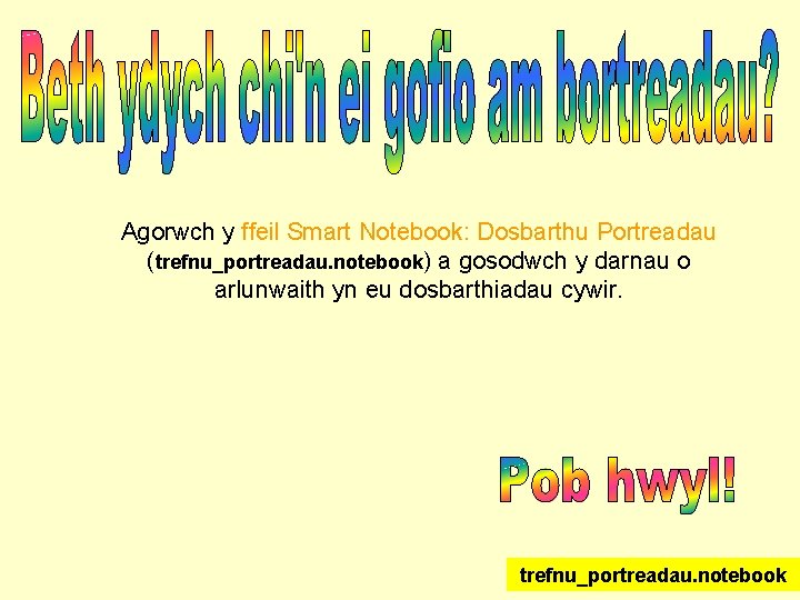 Agorwch y ffeil Smart Notebook: Dosbarthu Portreadau (trefnu_portreadau. notebook) a gosodwch y darnau o