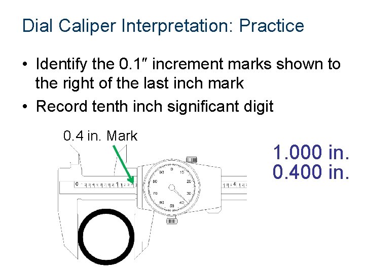 Dial Caliper Interpretation: Practice • Identify the 0. 1″ increment marks shown to the