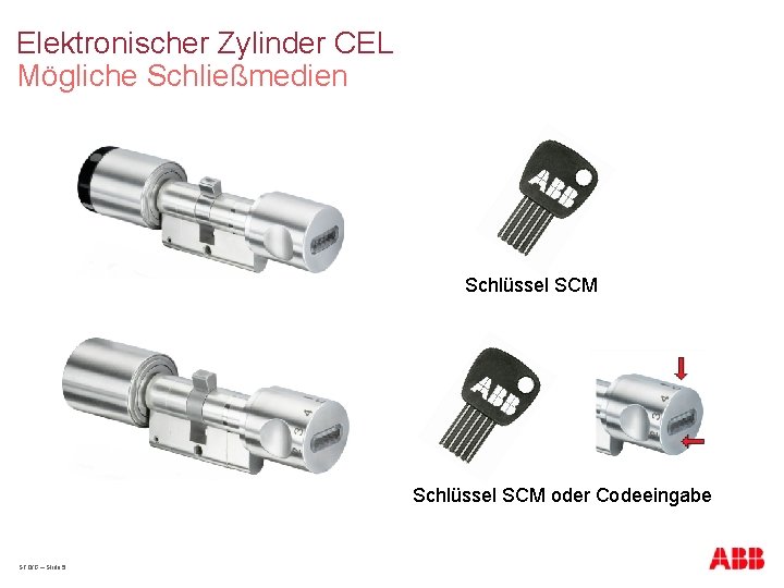 Elektronischer Zylinder CEL Mögliche Schließmedien Schlüssel SCM oder Codeeingabe STO/G – Slide 5 