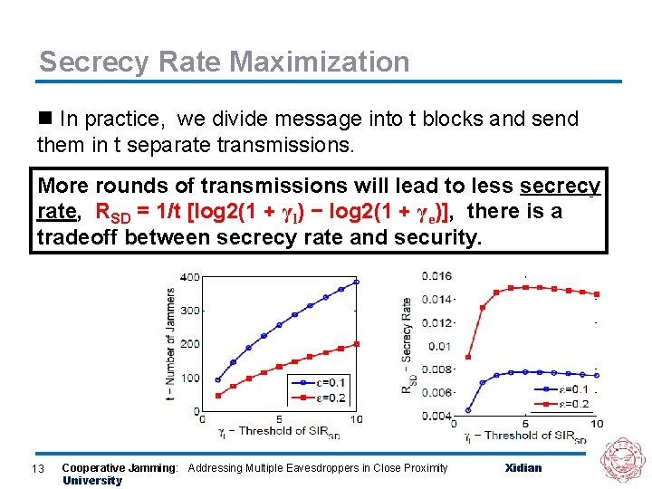 Secrecy Rate Maximization n In practice, we divide message into t blocks and send