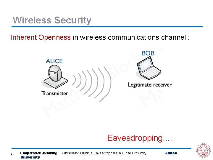 Wireless Security Inherent Openness in wireless communications channel : Eavesdropping…. . 2 Cooperative Jamming: